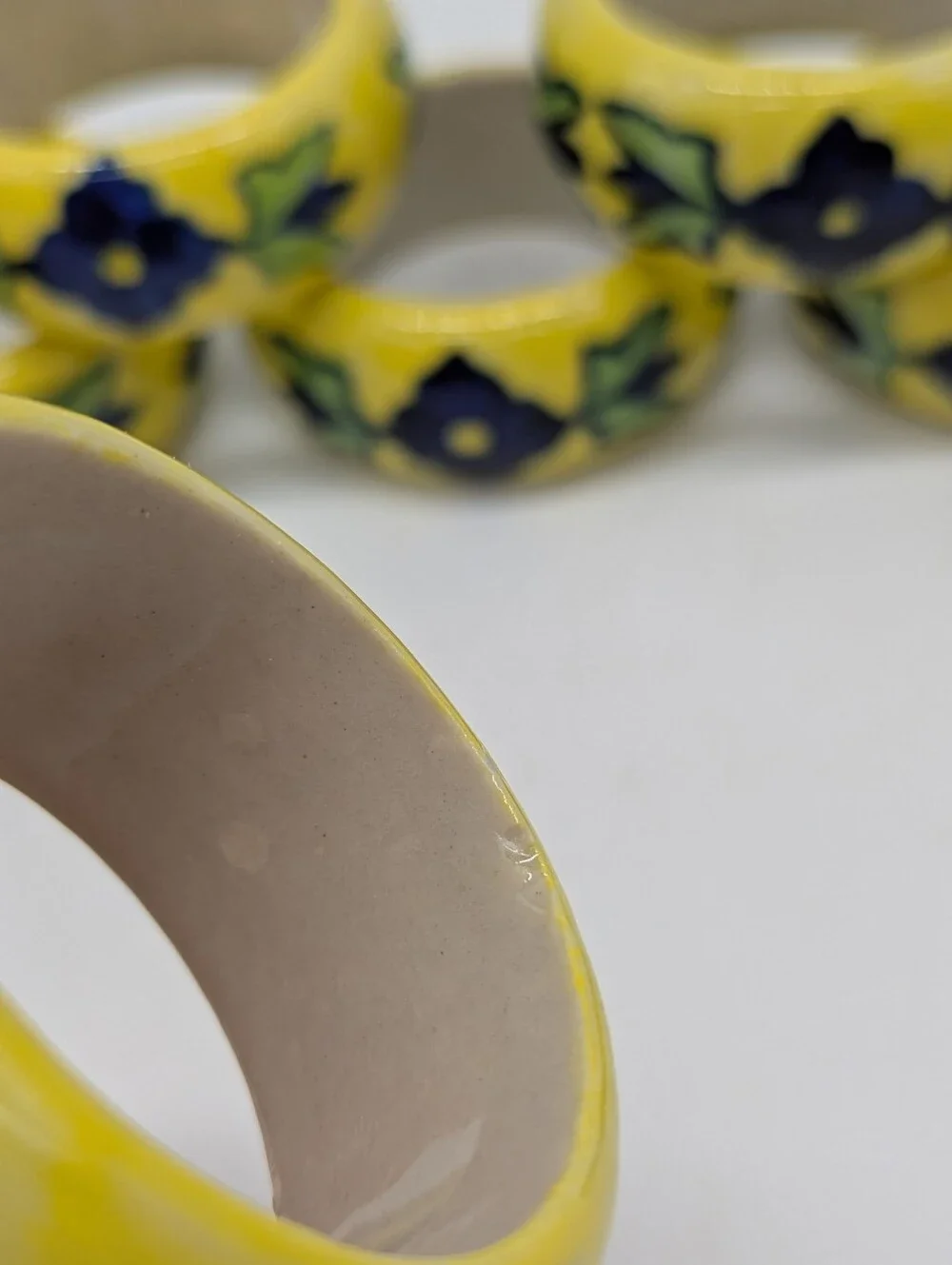 Pier 1 Yellow Blue Floral Ceramic Napkin Ring Holders Set Of 8